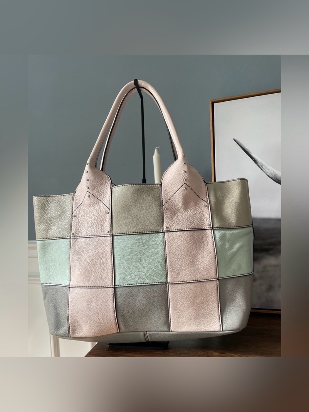 OrYany Pastel Patchwork Leather Tote Bag - Pink Mint Cream - Picture 3 of 6